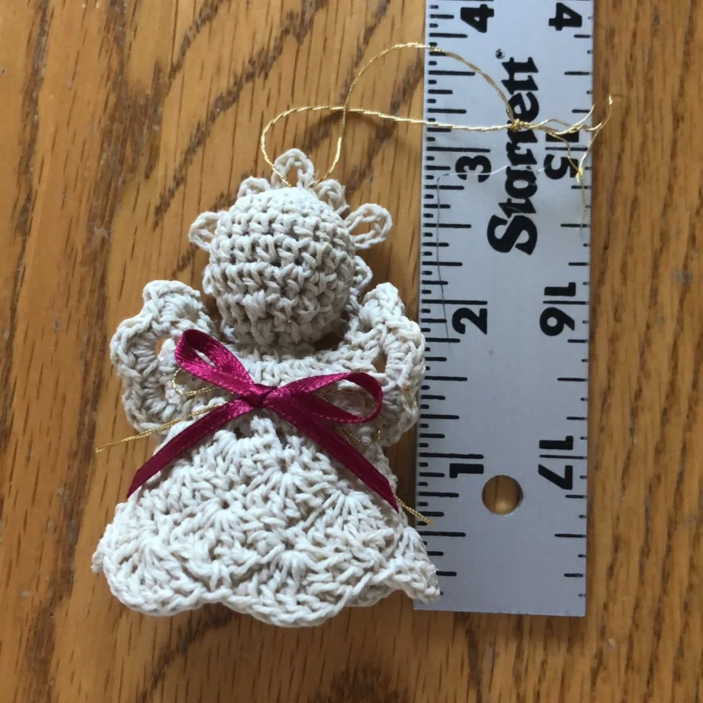 Set of 4 crocheted Christmas ornaments- Angel, tree, bells,drummer